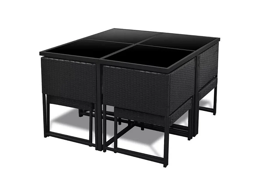 Table carrée et 4 chaises de jardin résine tressée noir coussins blanc Chaz