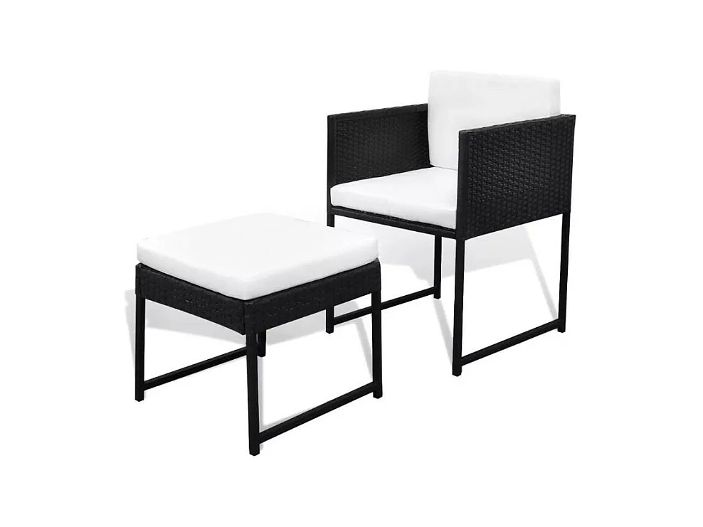 Table carrée et 4 chaises de jardin résine tressée noir coussins blanc Chaz