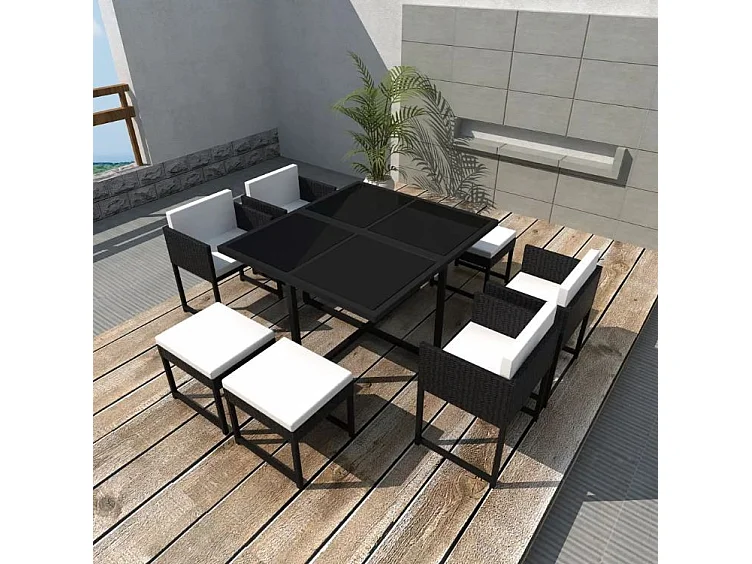 Table carrée et 4 chaises de jardin résine tressée noir coussins blanc Chaz
