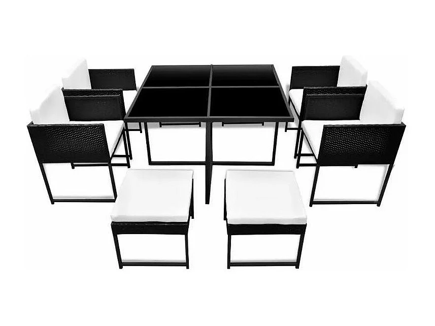 Table carrée et 4 chaises de jardin résine tressée noir coussins blanc Chaz