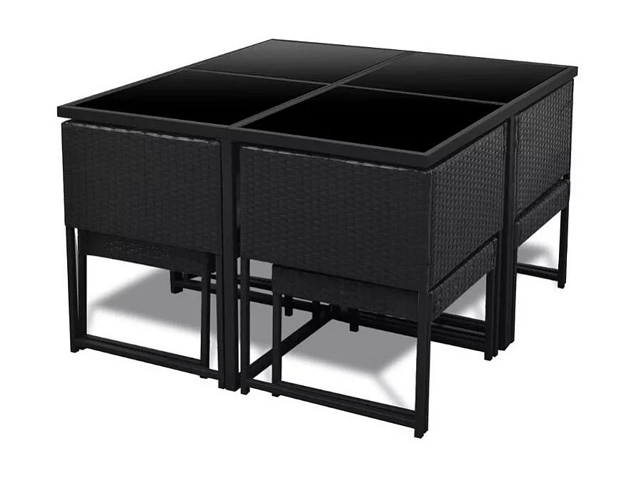 Table carrée et 4 chaises de jardin résine tressée noir coussins blanc Chaz