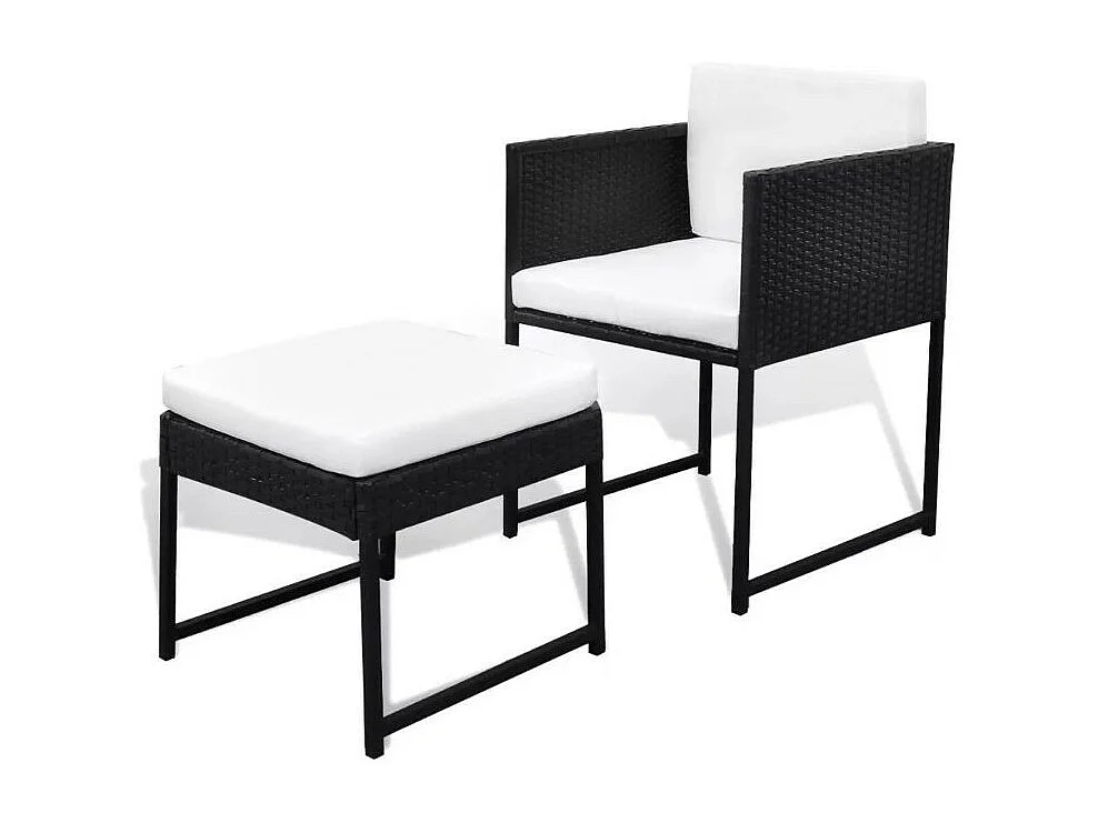 Table carrée et 4 chaises de jardin résine tressée noir coussins blanc Chaz