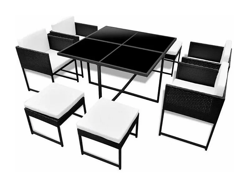 Table carrée et 4 chaises de jardin résine tressée noir coussins blanc Chaz