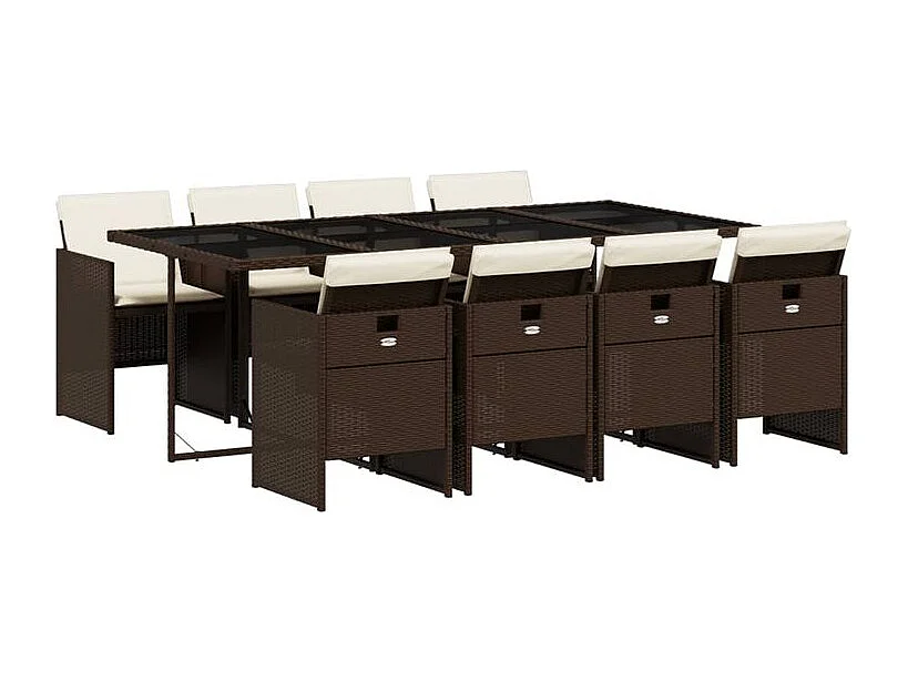 Ensemble à manger de jardin et coussins 9 pcs marron poly rotin