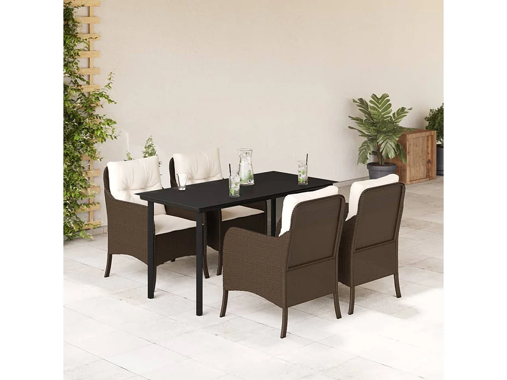 Ensemble à manger de jardin 5 pcs et coussins marron poly rotin