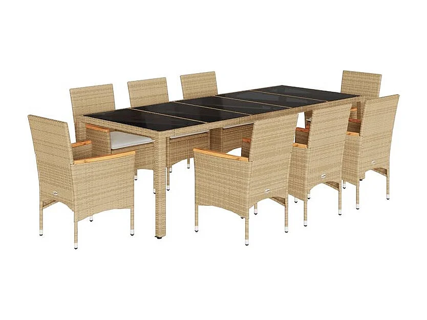 Ensemble à manger de jardin et coussins 9 pcs beige rotin verre