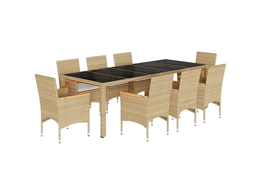 Ensemble à manger de jardin et coussins 9 pcs beige rotin verre