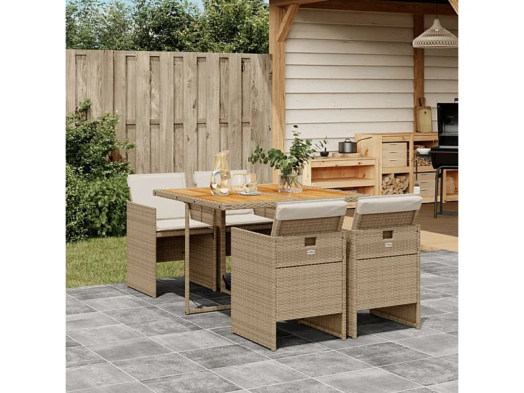 Ensemble à manger de jardin avec coussins 5pcs Beige poly rotin