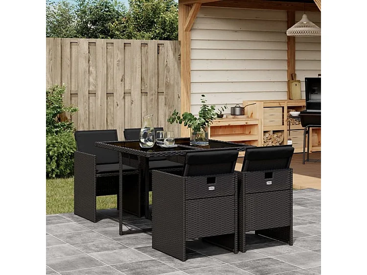 Ensemble à manger de jardin coussins 5pcs Noir Résine tressée