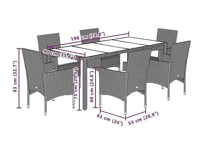 Ensemble à manger de jardin et coussins 7pcs marron rotin verre