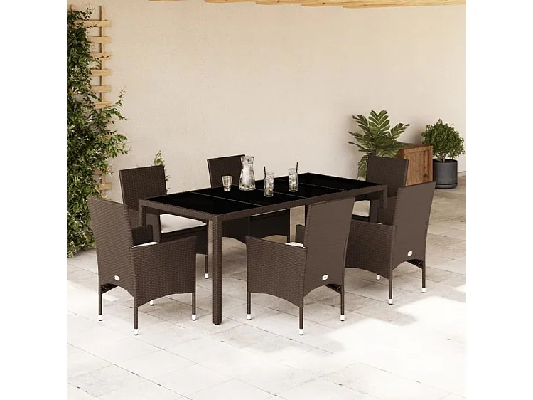 Ensemble à manger de jardin et coussins 7pcs marron rotin verre