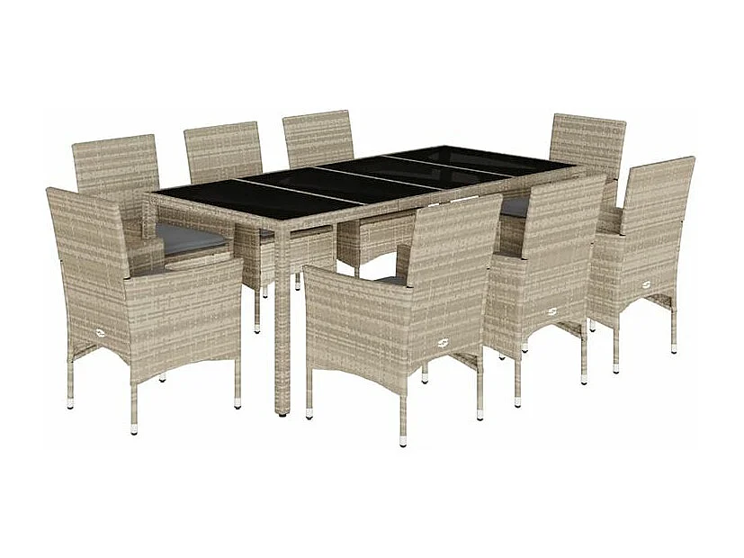 Ensemble à manger de jardin avec coussins 9 pcs rotin et verre