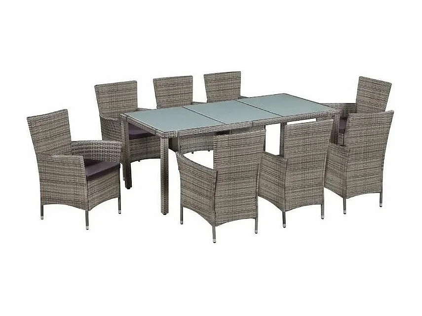 Table rectangulaire et 8 chaises de jardin résine tressée gris Mik
