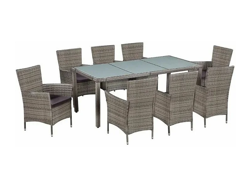 Table rectangulaire et 8 chaises de jardin résine tressée gris Mik