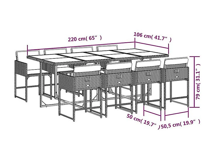 Ensemble à manger de jardin 9pcs coussins noir résine tressée