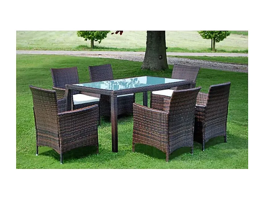 Table rectangulaire et 6 chaises de jardin résine tressée marron Mik