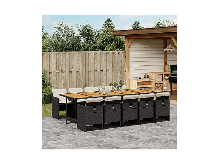 Ensemble à manger de jardin 11 pcs coussins noir résine tressée