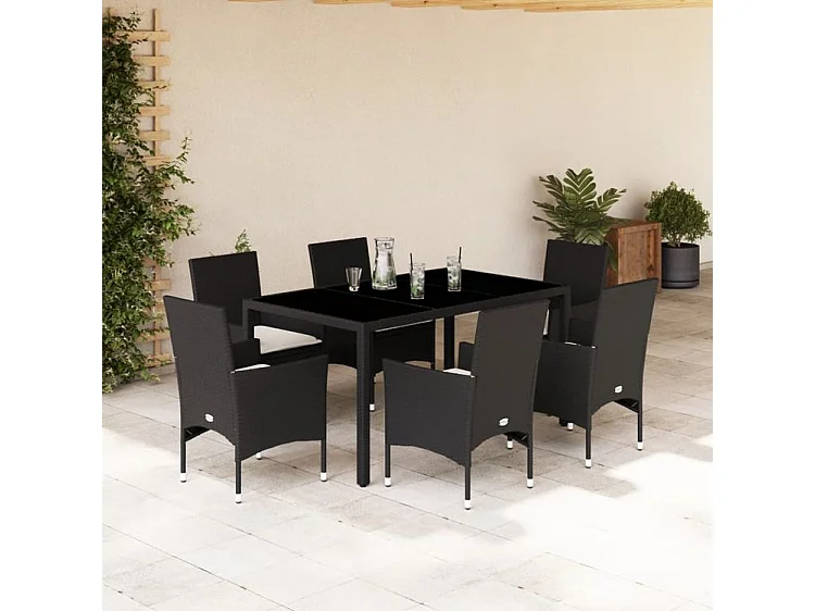 Ensemble à manger de jardin et coussins 7 pcs noir rotin acacia