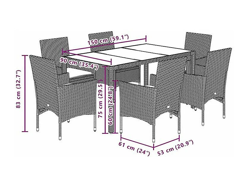 Ensemble à manger de jardin et coussins 7 pcs noir rotin acacia
