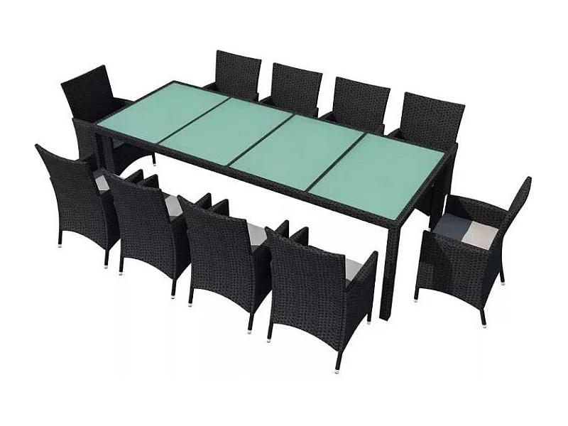 Table rectangulaire et 10 chaises de jardin résine tressée noir Mik