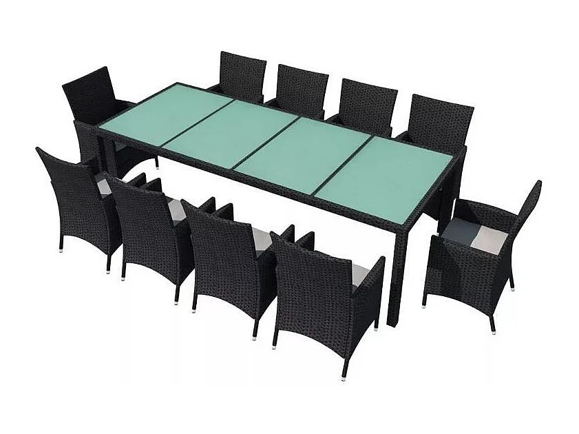 Table rectangulaire et 10 chaises de jardin résine tressée noir Mik