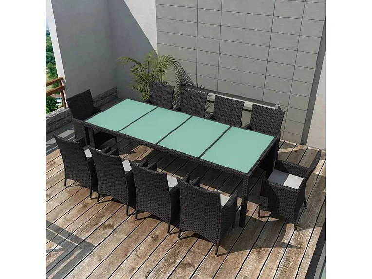 Table rectangulaire et 10 chaises de jardin résine tressée noir Mik