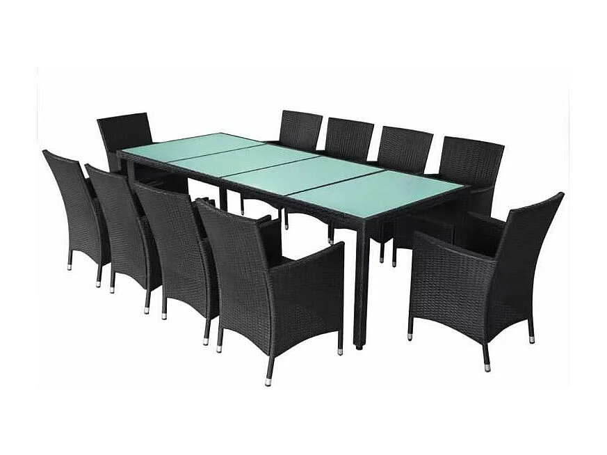 Table rectangulaire et 10 chaises de jardin résine tressée noir Mik
