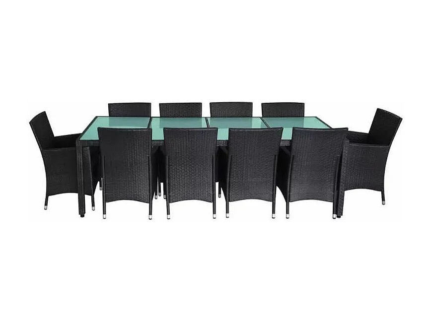 Table rectangulaire et 10 chaises de jardin résine tressée noir Mik
