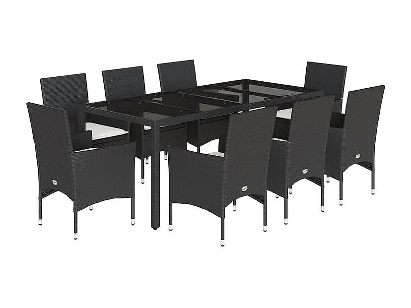 Ensemble à manger de jardin et coussins 9 pcs noir rotin verre