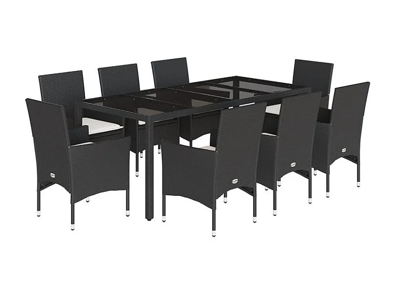 Ensemble à manger de jardin et coussins 9 pcs noir rotin verre