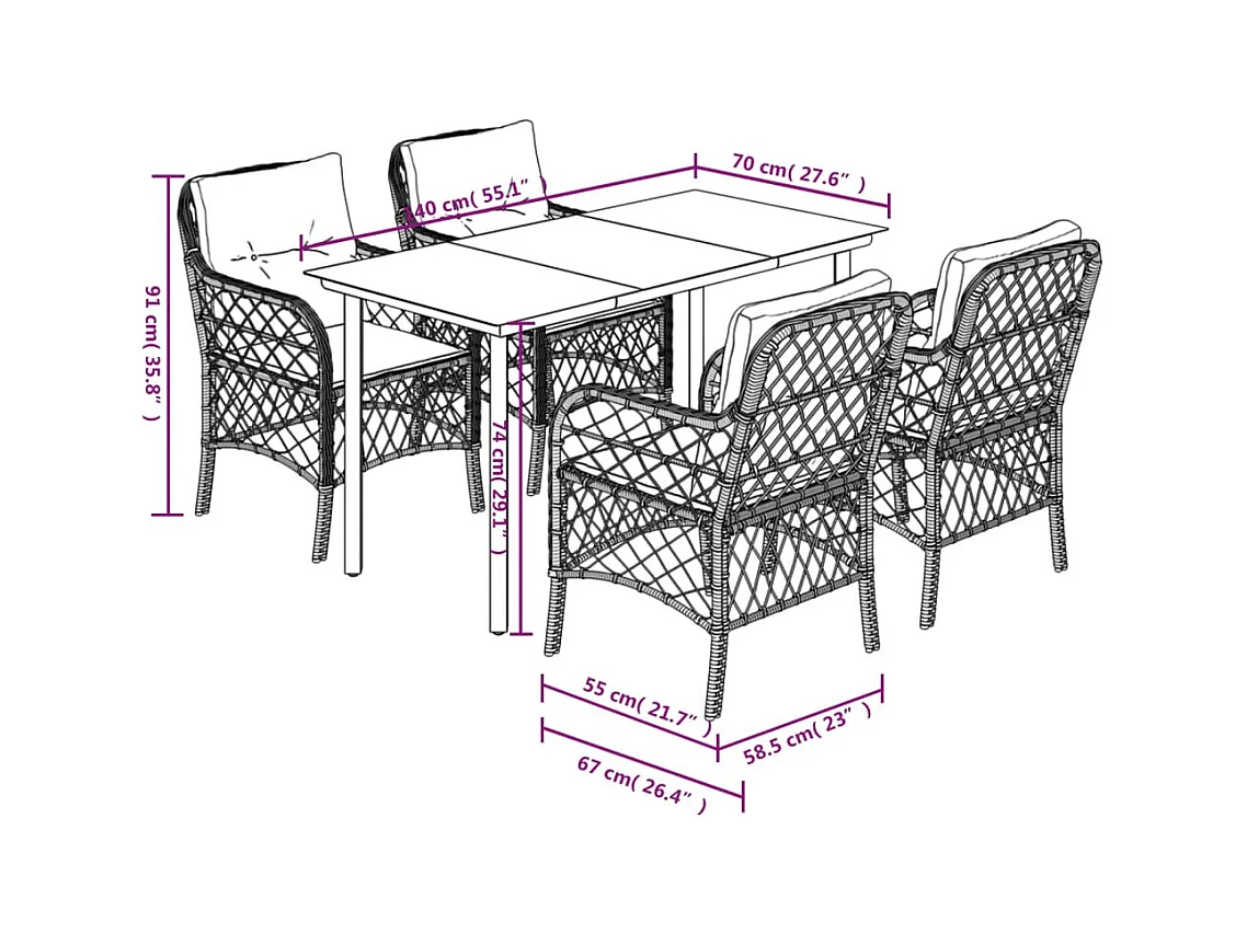 Ensemble à manger de jardin 5 pcs coussins gris résine tressée