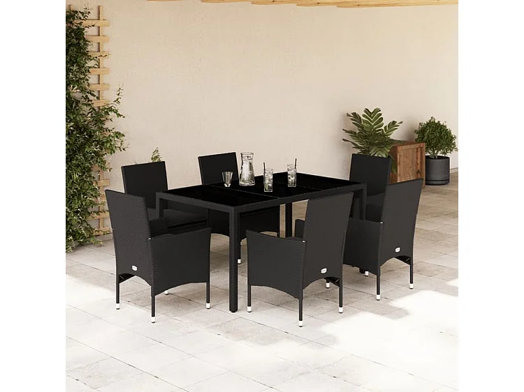 Ensemble à manger de jardin et coussins 7 pcs noir rotin acacia