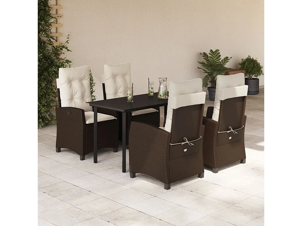 Ensemble à manger de jardin 5 pcs et coussins marron poly rotin