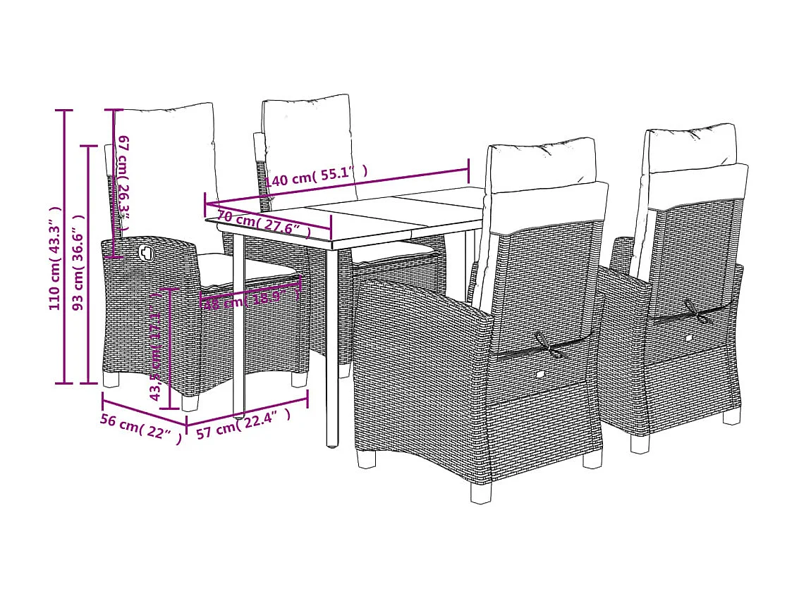 Ensemble à manger de jardin 5 pcs et coussins marron poly rotin