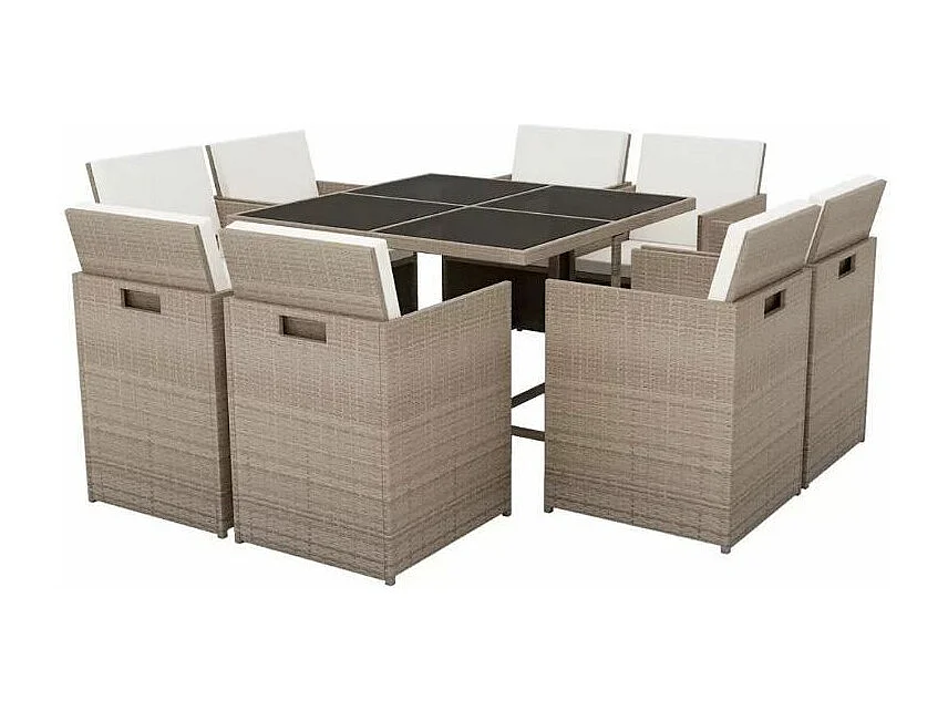 Table carrée et 8 chaises de jardin résine tressée beige Iris