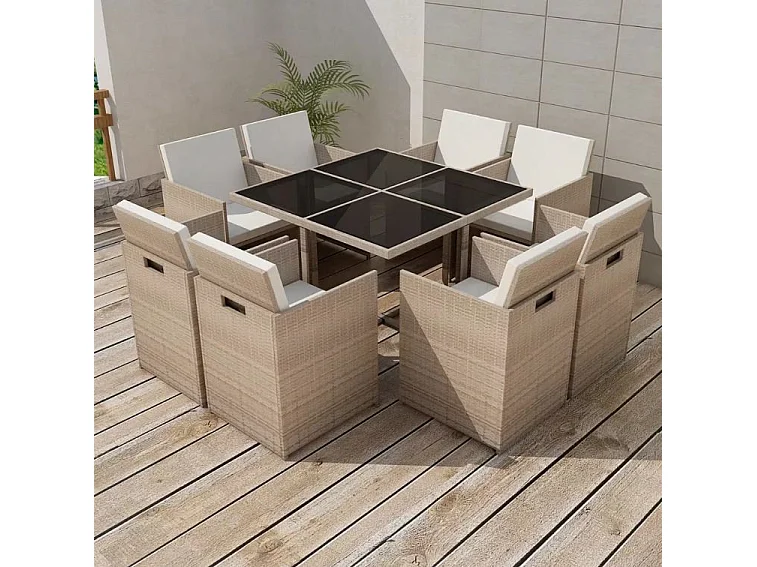 Table carrée et 8 chaises de jardin résine tressée beige Iris