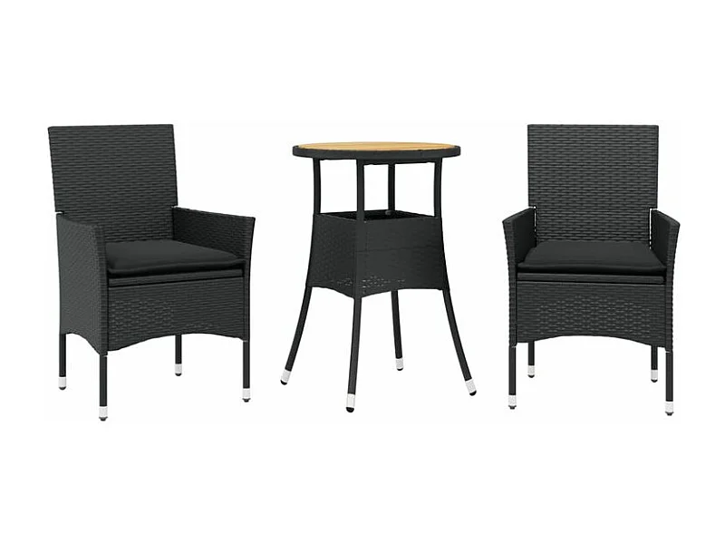 Ensemble à manger de jardin et coussins 3 pcs noir rotin acacia