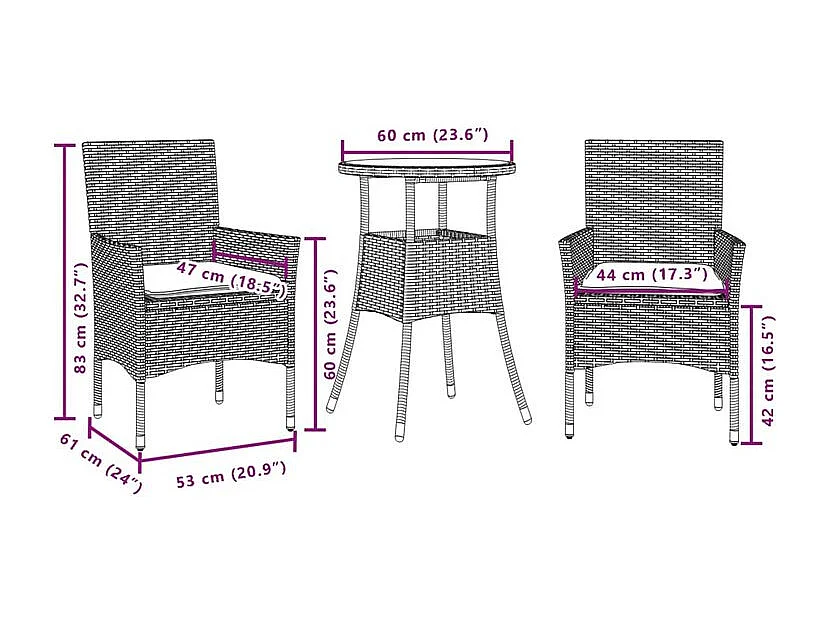 Ensemble à manger de jardin et coussins 3 pcs noir rotin acacia