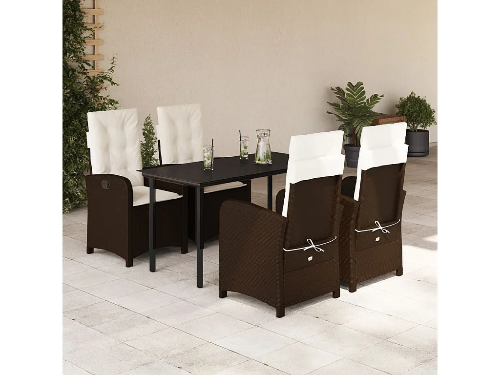 Ensemble à manger de jardin 5 pcs et coussins marron poly rotin