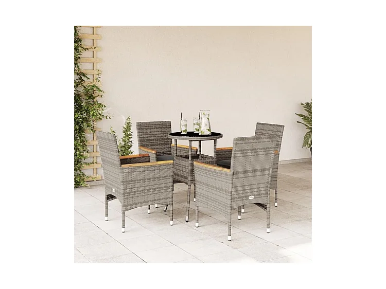 Ensemble à manger de jardin et coussins 5 pcs gris rotin verre