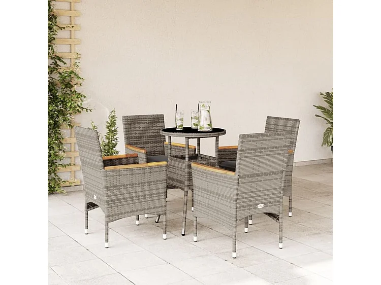 Ensemble à manger de jardin et coussins 5 pcs gris rotin verre