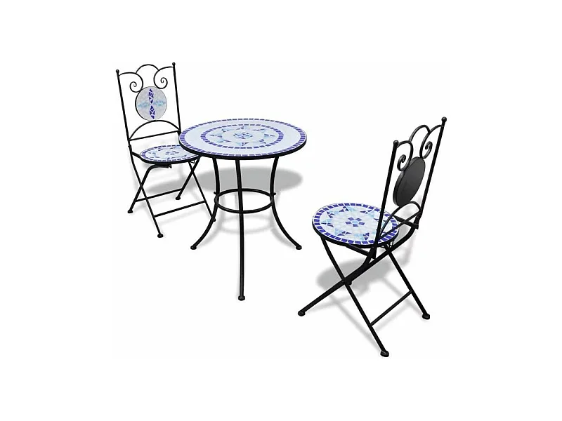 Table ronde et 2 chaises de jardin mosaïquées bleu et blanc Mel