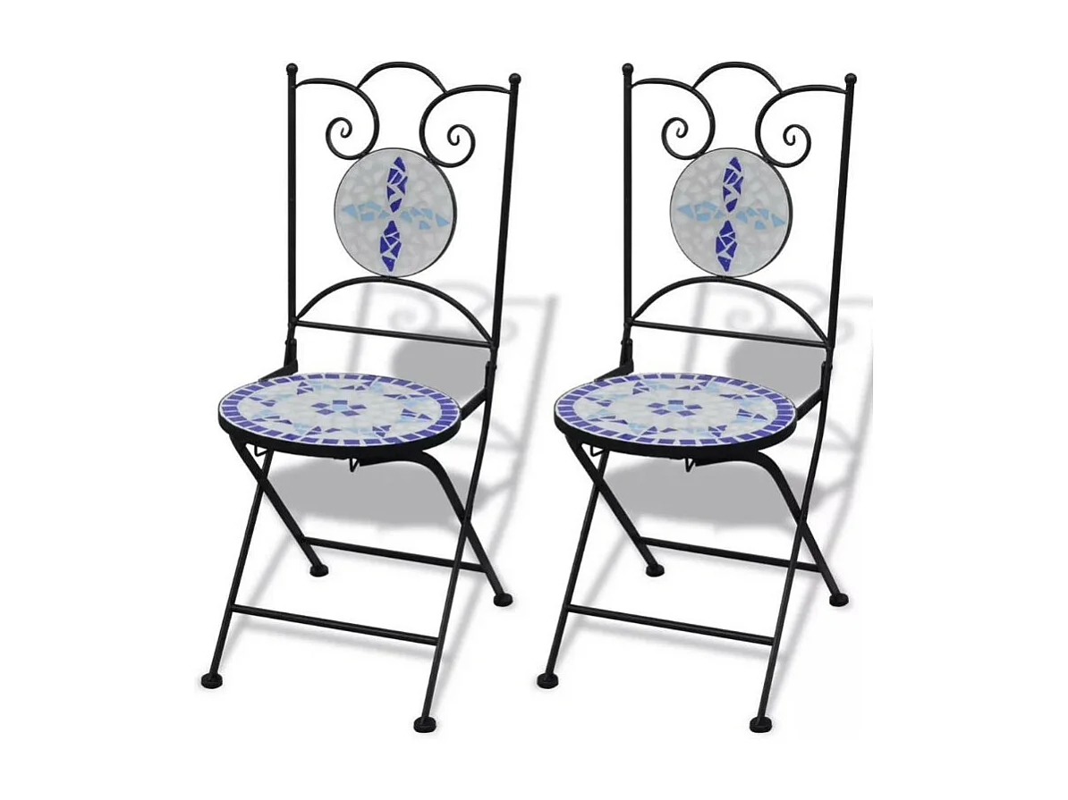 Table ronde et 2 chaises de jardin mosaïquées bleu et blanc Mel