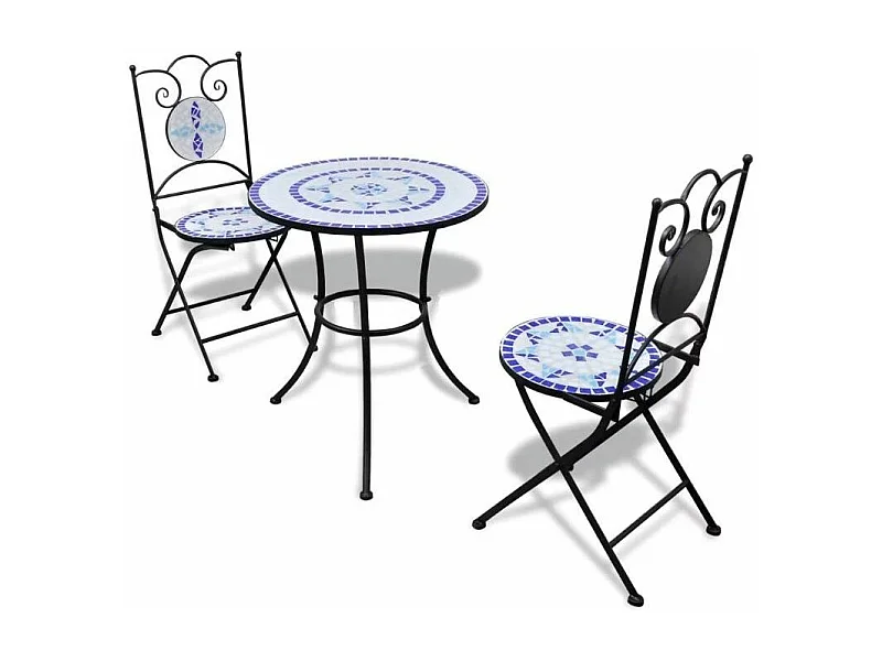 Table ronde et 2 chaises de jardin mosaïquées bleu et blanc Mel
