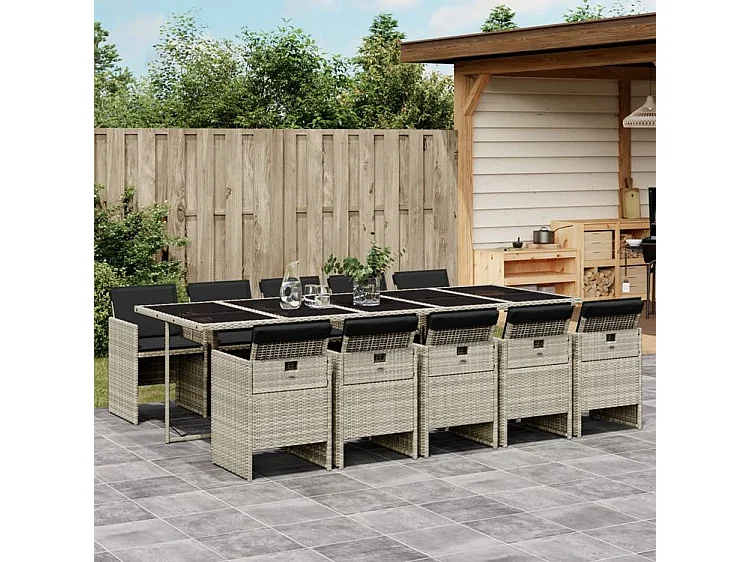 Ensemble à manger de jardin 11pcs avec coussins gris poly rotin