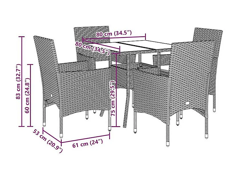 Ensemble à manger de jardin et coussins 5 pcs noir rotin verre