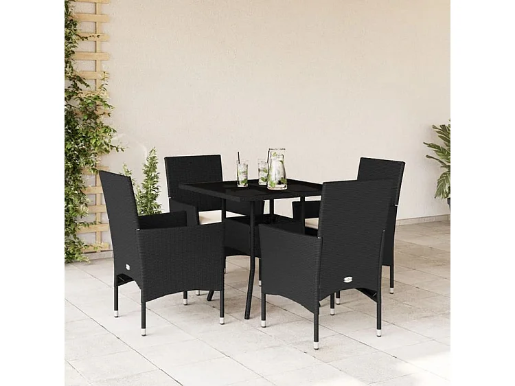 Ensemble à manger de jardin et coussins 5 pcs noir rotin verre
