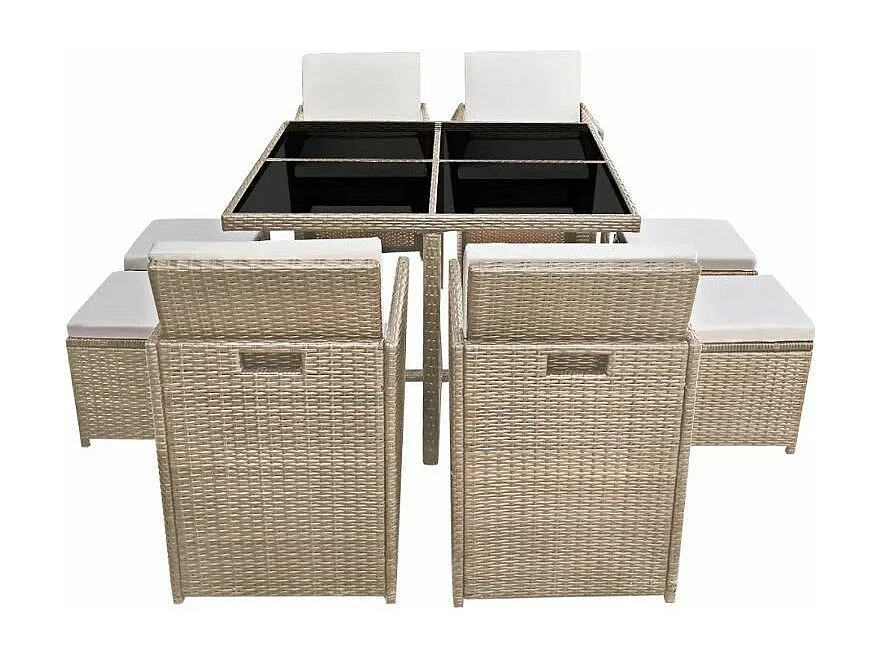 Table carrée et 4 chaises de jardin résine tressée beige Iris