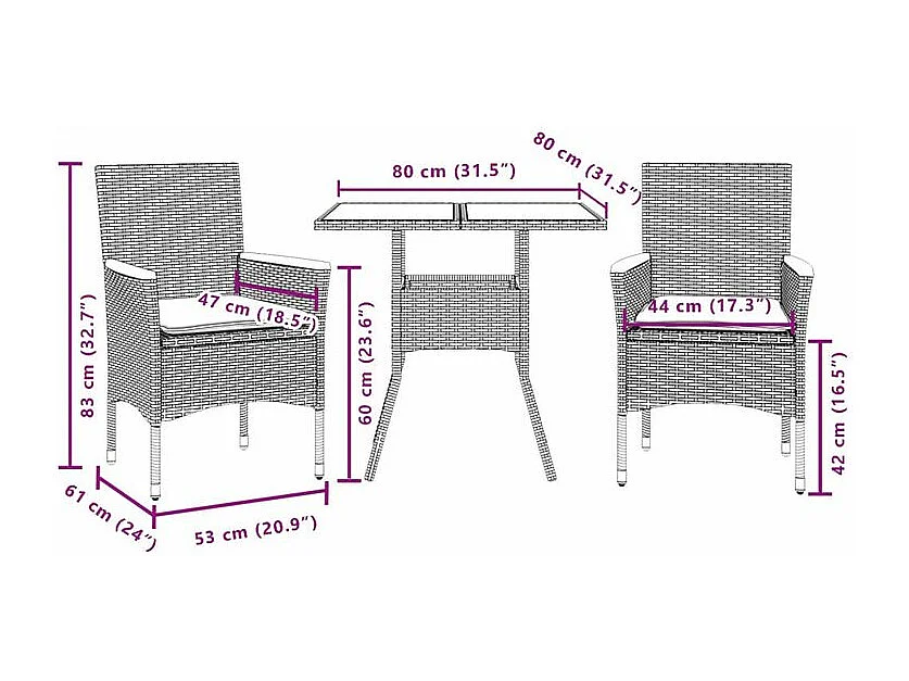 Ensemble à manger de jardin et coussins 3 pcs beige rotin verre