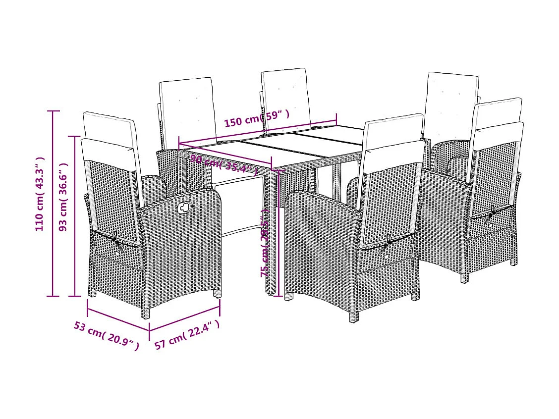 Ensemble à manger de jardin et coussins 7 pcs gris rotin